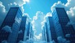© 2April - Data servers rising to the sky with blue atmosphere and clouds, representing cloud computing, digital transformation and information technology.