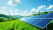 © 2April - Solar panels on a green hillside with wind turbines in the background, symbolizing clean energy and sustainable practices for a cleaner planet and a bright future.