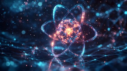 Poster - 3D model of a technetium atom emphasizing its unique electron shell arrangement and medical imaging applications  The glowing cyan and magenta palette creates a captivating
