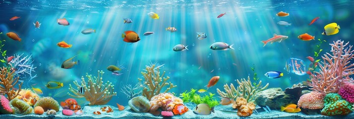 Poster - Colorful fish swim among vibrant corals in a lively underwater world with sunlight filtering through clear water. Generative AI