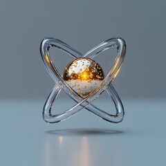 Poster - Cutaway visualization of a technetium atom demonstrating its nuclear composition and radiological properties with a minimalist aesthetic and metallic tones