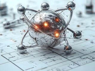 Poster - cutaway visualization of a technetium atom demonstrating its nuclear composition and radiological pr