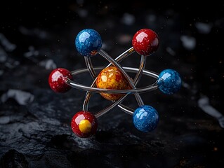 Poster - Detailed three dimensional of a technetium atom highlighting its unique electron and diverse applications in the field of nuclear medicine rendered in a vibrant and contemporary design
