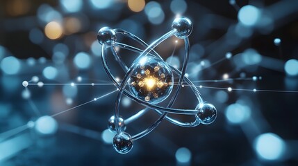 Poster - Highly detailed 3D visualization of a technetium atom showcasing its nuclear structure and the role of its radioactive isotopes in diagnostic imaging presented in a clean