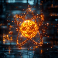Poster - exploded view of a technetium atom showcasing its subatomic particles and medical imaging applicatio