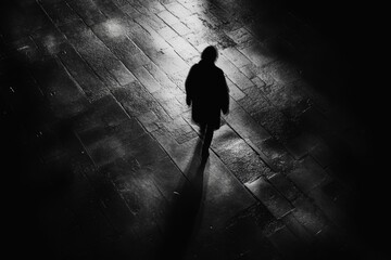 Poster - Solitary figure walking, shadowed pavement, nighttime scene.