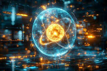 Poster - exploded view of a technetium atom showcasing its subatomic particles and medical imaging applicatio