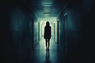 Poster - Dark hallway, lone figure, shadowed silhouette, ominous atmosphere.