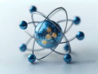 Poster - Meticulously crafted 3D schematic of a technetium atom highlighting its electron and radiological properties  Cutaway view revealing internal components scientific precision muted color palette