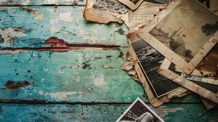 Poster - Artistic photo collage showcasing vintage images on a rustic wooden surface with copy space for creative projects. Generative AI