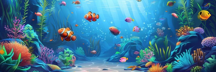 Poster - Colorful aquarium fish swimming in a vibrant underwater world filled with coral and aquatic plants. Generative AI