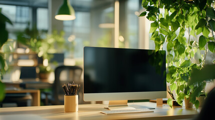 Poster - Modern workspace with computer surrounded by vibrant plants in a well-lit office setting