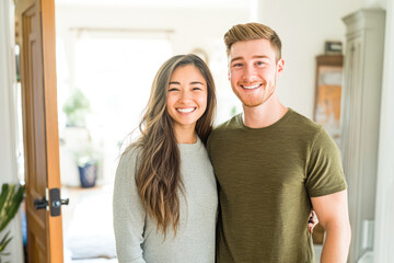 Smiling young caucasian male and asian female couple in modern home