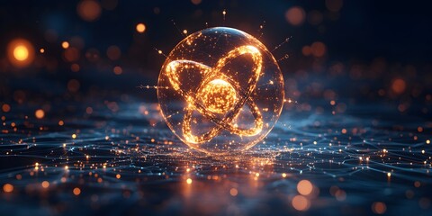 Poster - Exploded 3D render of a technetium atom deconstructing its subatomic structure and demonstrating its applications in medical imaging and treatment  Technical diagram engineering schematics