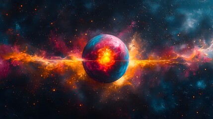 Poster - Surreal and imaginative depiction of a technetium atom showcasing its atomic properties and potential medical applications through the use of abstract shapes vibrant colors and a sense of mysticism