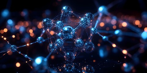 Poster - Stylized 3D visualization of a technetium atom highlighting the unique properties of its electron and its crucial role in medical imaging and treatment