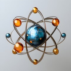 Poster - Precisely crafted 3D representation of a technetium atom depicting its electron structure and highlighting the atom s diagnostic imaging applications in the medical and scientific fields
