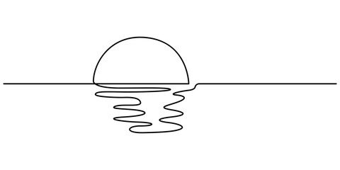 Aufkleber - One line drawing of sunset at beach vector, Sun on sea beach one black continuous line, sunset and sunrise outline. Nature landscape with sunshine on coast. One line drawing. Pro Vector illustration.