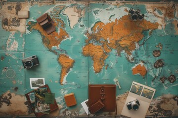 Poster - Travel memories displayed on world map backdrop with copy space for text. Generative AI
