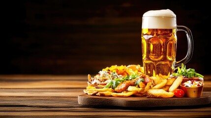 Board with mug of beer, food and barrel on wooden table against dark background