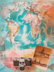 Poster - Travel memories captured on a world map backdrop with vintage camera and postcards. Generative AI