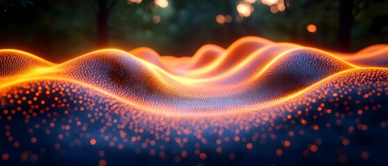 Poster - Mesmerizing animation showcasing the absorption and emission of a wave packet at certain frequencies creating a fluid undulating flow of light particles in a serene natural landscape setting