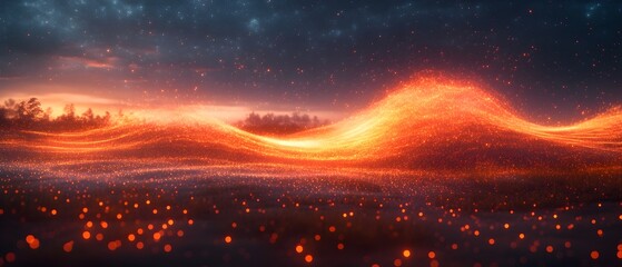Poster - Mesmerizing 3D simulation of a wave packet undergoing absorption and emission at certain frequencies creating a flowing undulating display of light particles in a serene natural landscape setting