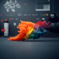 Poster - Vibrant animated visualization of a wave packet encountering a complex geometric barrier splitting into an array of rainbow hued frequency components depicted with a crisp
