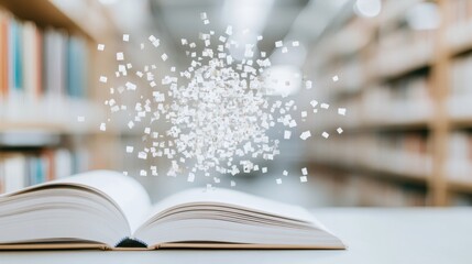 Poster - Open Book and Floating Letters in a Library - Symbolizing Language and Knowledge