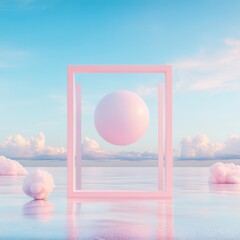 Poster - Surreal Pastel Landscape with Floating Abstract Elements in Dreamlike Setting