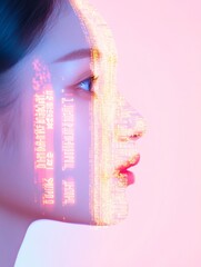 Canvas Print - Contemplative Asian Female with Pastel Typography Reflections in Surreal Portrait