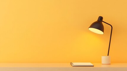 Poster - Minimalist Workspace with Notebook and Desk Lamp Against Yellow Background