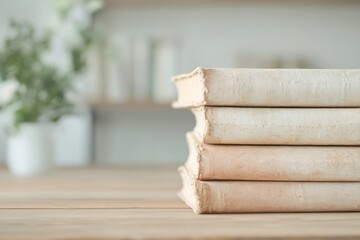 Poster - Aged Books on Wooden Table with Soft Light and Muted Tones