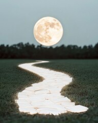 Poster - Luminous River Path Under Full Moon Mystical Nighttime Journey