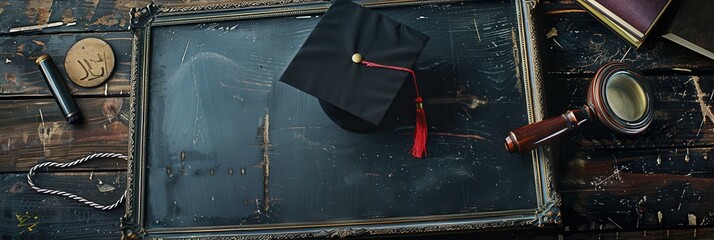 Poster - Graduation photograph displayed on a rustic desk with school supplies ready for celebration. Generative AI