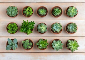 Poster - Rare Succulent Display on Wooden Table Natural Light Highlighting Unique Forms and Textures