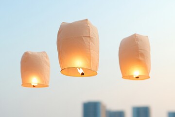 Poster - Sky Lanterns Floating at Dusk Tranquil Evening Festival with Soft Light Trails