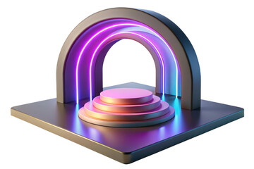 Aufkleber - Colorful 3D rendered archway with illuminated pillars leading to a circular platform in a futuristic environment