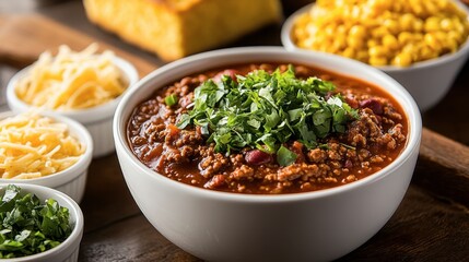 Delicious chili filled with fresh herbs and toppings served in bowl