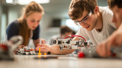 Poster - students engaged in robotics project work in a modern classroom setting during a technology workshop