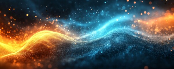 Wall Mural - grainy background noisy blue yellow orange abstract glowing color wave, black backdrop vibrant dark 