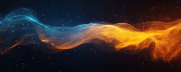 Wall Mural - grainy background noisy blue yellow orange abstract glowing color wave, black backdrop vibrant dark 