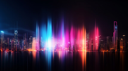Poster - colorful light display illuminates the skyline of a bustling city at night