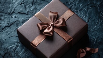 Wall Mural - Elegant Brown Gift Box with Satin Ribbon on Dark Textured Surface