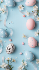 Wall Mural - A stylish Instagram post in pastel tones featuring a flat-lay arrangement of Easter eggs, ribbons, and flowers, with space for captions in the top corner, evoking a clean, modern, spring vibe