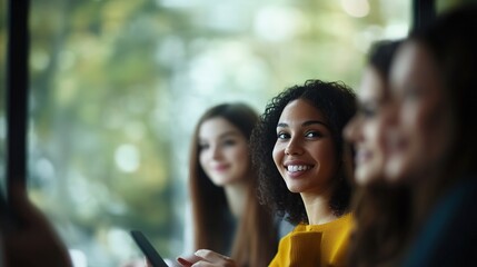 Poster - close-up of diverse group of coworkers smiling while discussing ethics in modern office with blurred