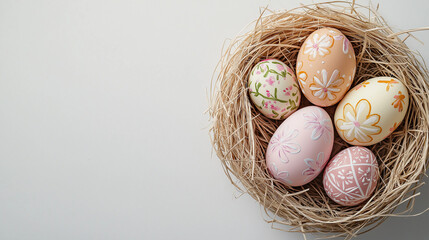 Wall Mural - A flat lay of pastel-colored Easter eggs arranged in a delicate bird’s nest on a clean white background, featuring subtle patterns like polka dots and stripes, creating a minimalist and elegant compos