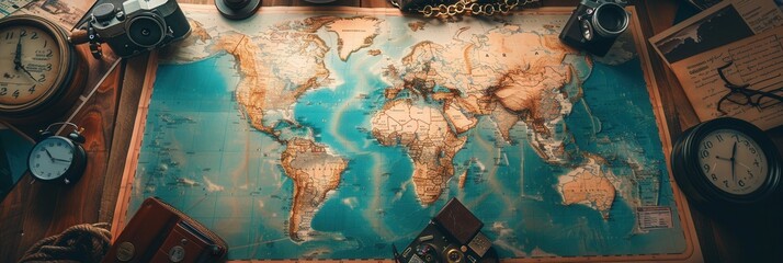 Poster - Travel memories displayed on a colorful world map with vintage accessories and open space for creativity. Generative AI
