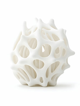White 3D-printed organic structure, isolated on white background, for design or science concepts.