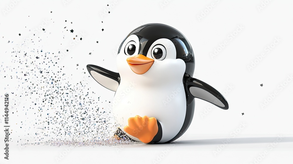 A 3D cartoon penguin sliding on its belly with a joyful expression ...